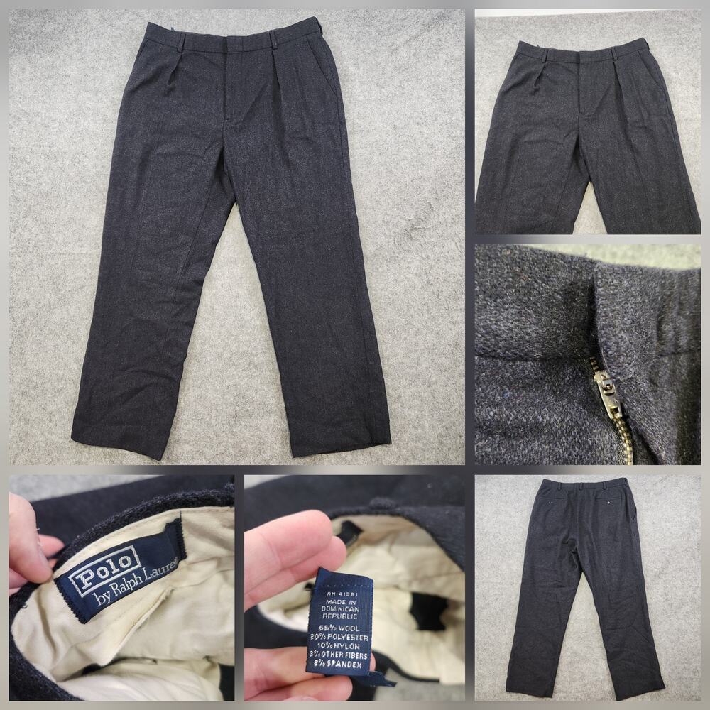 VTG Polo Ralph‎ Lauren Pants Mens 36x28 Navy Wool Blend Pleated Dress Trouser